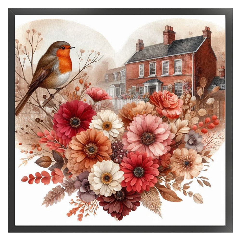 Robin With Heart Flowers - 11CT Stamped Cross Stitch 40*40CM