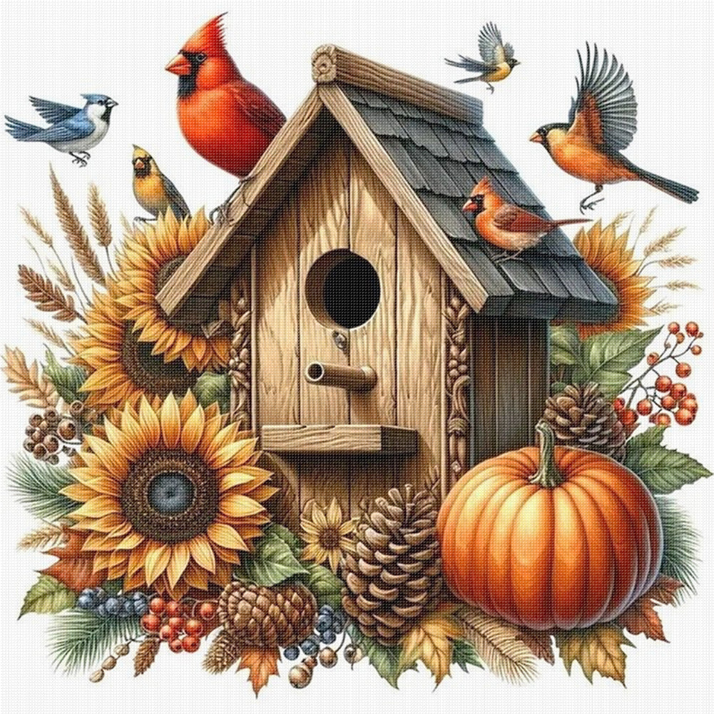 Red Bird Pumpkin Cottage - 11CT Stamped Cross Stitch 40*40CM