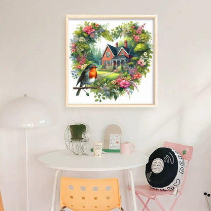 Robin With Heart Flowers - 11CT Stamped Cross Stitch 40*40CM