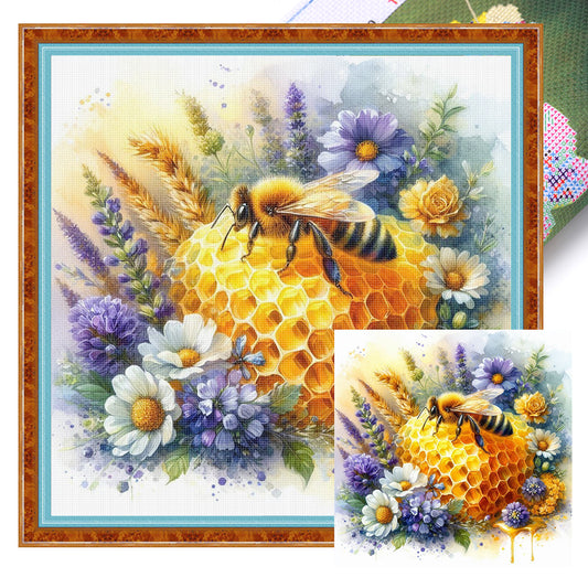 Bee With Flowers - 11CT Stamped Cross Stitch 40*40CM
