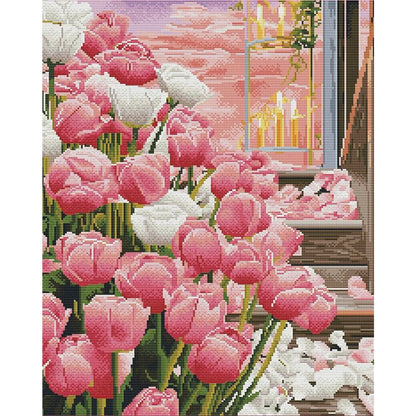 Tulips By Candlelight - 11CT Stamped Cross Stitch 53*66CM(Mona Lisa Brand Silk)