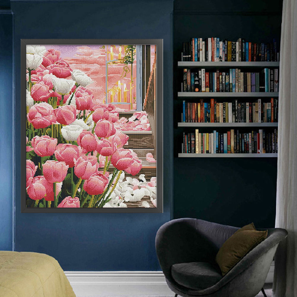 Tulips By Candlelight - 11CT Stamped Cross Stitch 53*66CM(Mona Lisa Brand Silk)
