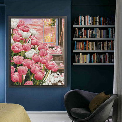 Tulips By Candlelight - 11CT Stamped Cross Stitch 53*66CM(Mona Lisa Brand Silk)