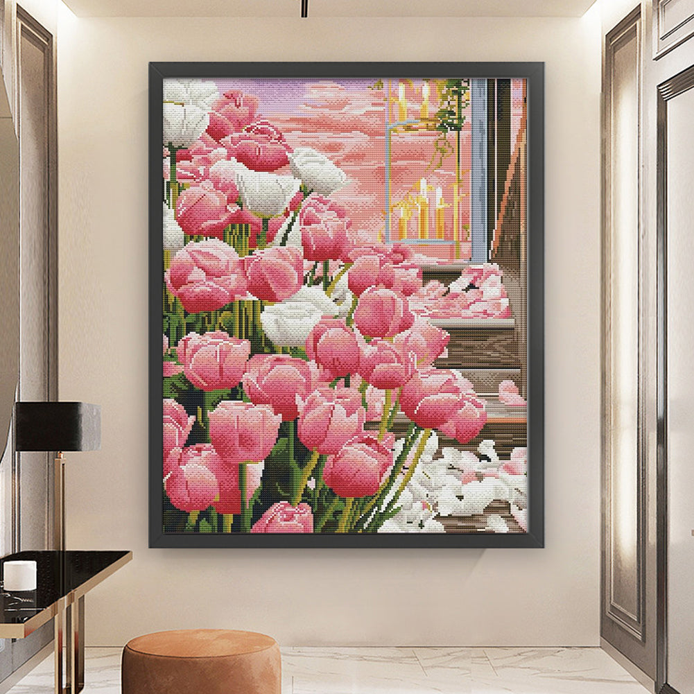 Tulips By Candlelight - 11CT Stamped Cross Stitch 53*66CM(Mona Lisa Brand Silk)
