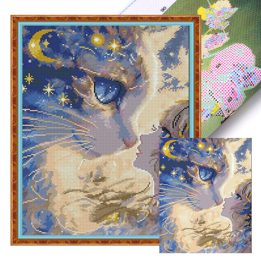 Cartoon Girl Cat - 11CT Stamped Cross Stitch 40*50CM(Mona Lisa Brand)