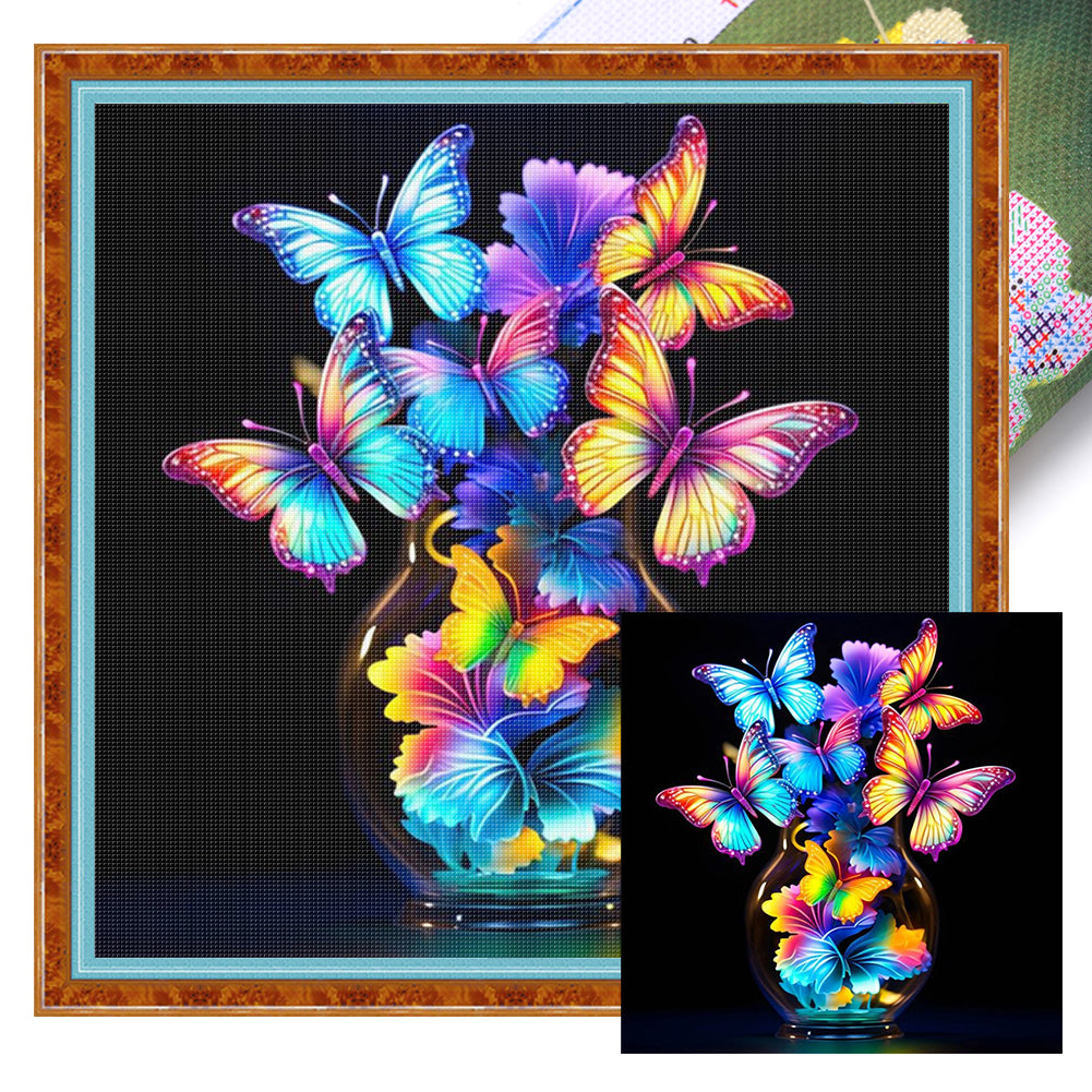 Glow-In-The-Dark Butterfly Vase - 11CT Stamped Cross Stitch 40*40CM