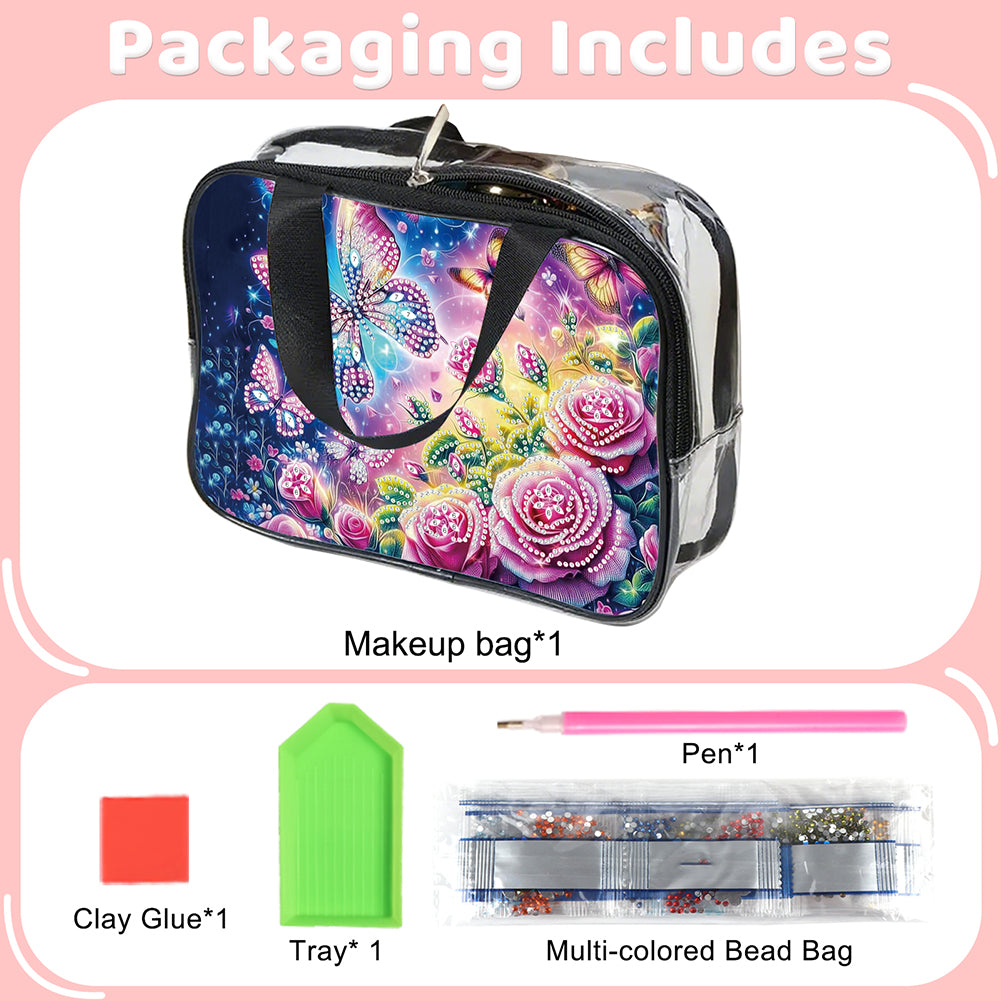 DIY Flowers Diamond Art Rhinestone Makeup Bag Transparent PVC Storage Pack Gift