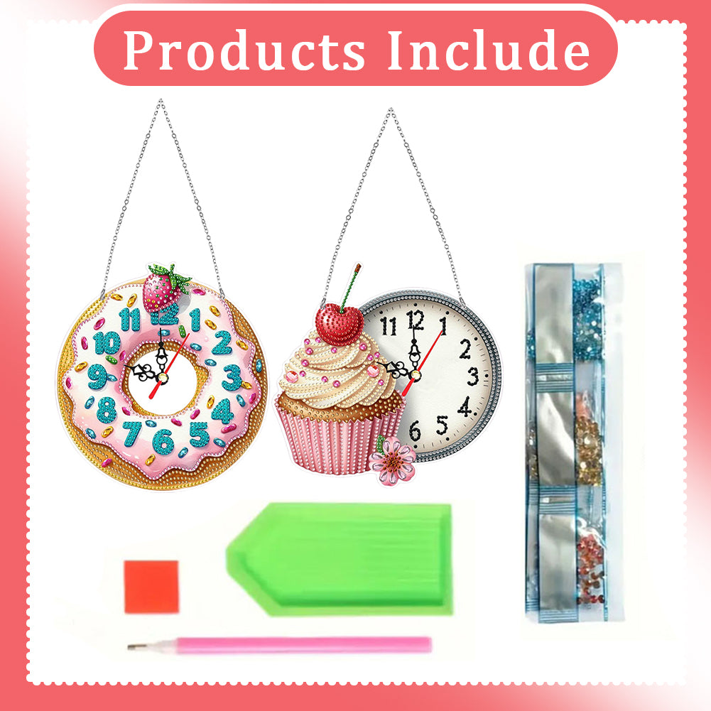 2Pcs Diamond Painting Ornament with Clock Function Hanging Clock Art Craft Decor