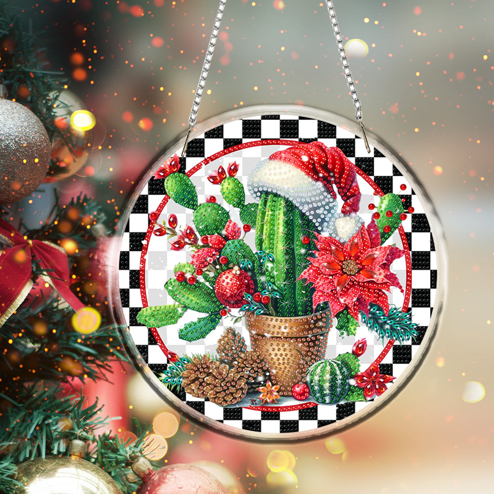 Acrylic 2D Flat DIY Christmas Cactus Diamond Art Pendant Wall Decoration