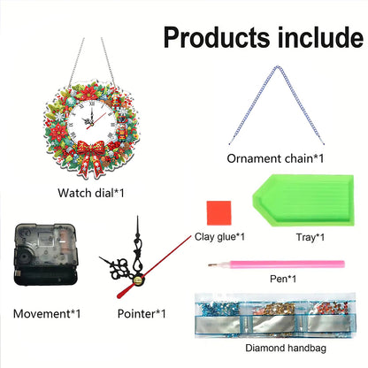 2D Flat DIY Christmas Wreath Acrylic Diamond Painting Clock Pendant Home Decor