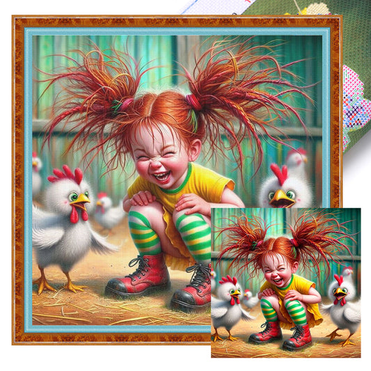 Girl And Chicken - 11CT Stamped Cross Stitch 40*40CM