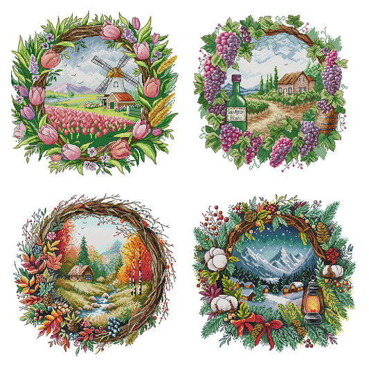 Seasonal Scenery In A Garland - 14CT Stamped Cross Stitch 40*40CM(Fairy Brand)