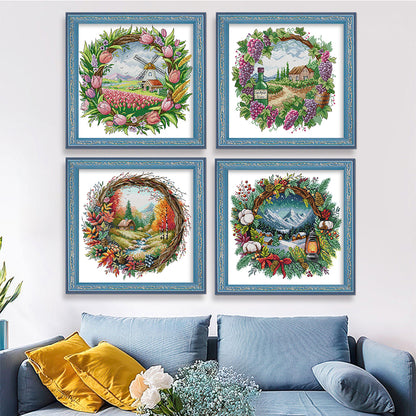 Seasonal Scenery In A Garland - 14CT Stamped Cross Stitch 40*40CM(Fairy Brand)