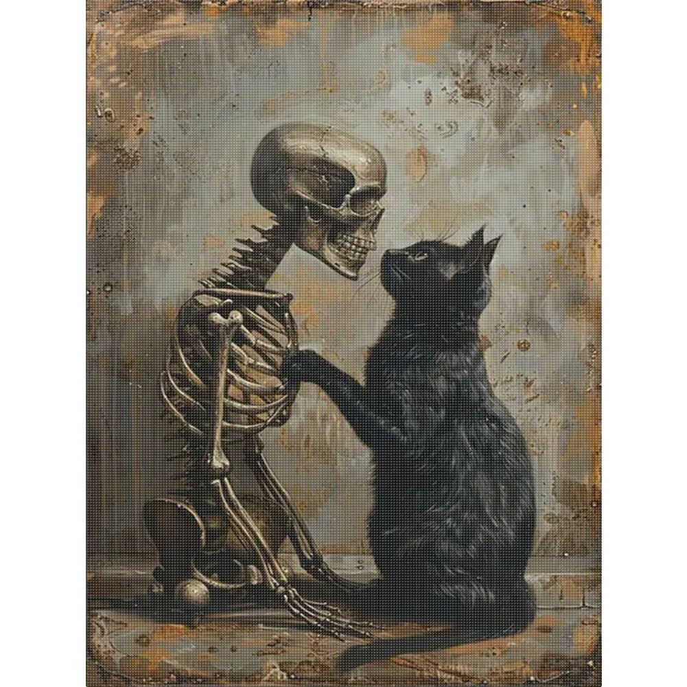 Black Cat And Skeleton - 14CT Stamped Cross Stitch 30*40CM