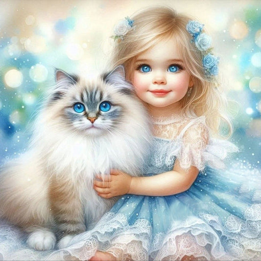 Cat And Little Girl - Full Round Drill Diamond Painting 40*40CM