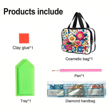 DIY Flower Diamond Painting Bling Rhinestone Makeup Bag Large Storage Bag