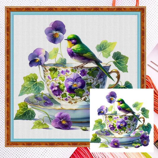 Pansy Bird Teacup - 14CT Counted Cross Stitch 40*40CM