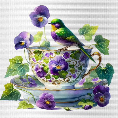Pansy Bird Teacup - 14CT Counted Cross Stitch 40*40CM