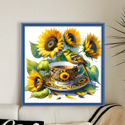 Sunflower Bird Teacup - 14CT Counted Cross Stitch 40*40CM