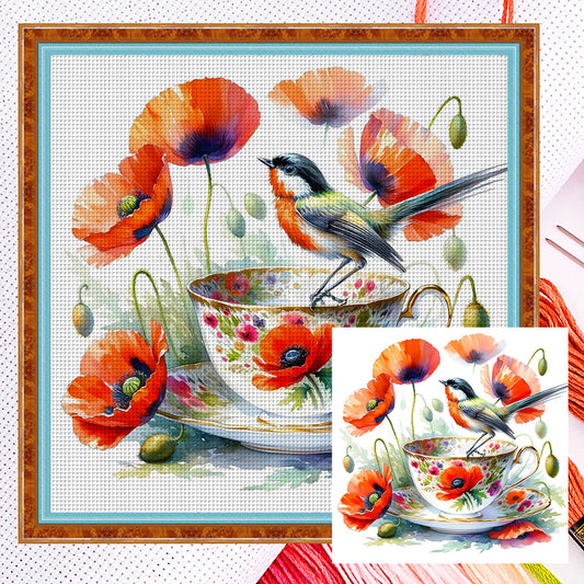 Poppy Bird Teacup - 14CT Counted Cross Stitch 40*40CM