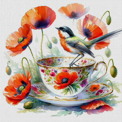 Poppy Bird Teacup - 14CT Counted Cross Stitch 40*40CM