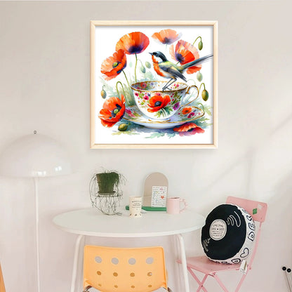 Poppy Bird Teacup - 14CT Counted Cross Stitch 40*40CM