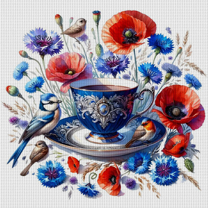 Poppy Bird Teacup - 14CT Counted Cross Stitch 40*40CM