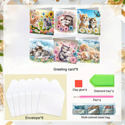 6PCS DIY Diamond Art Greeting Cards Cat Designs Congratulations Cards & Gifts
