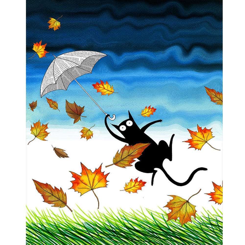 Fallen Leaves And Black Cat - Full Round Drill Diamond Painting 40*50CM