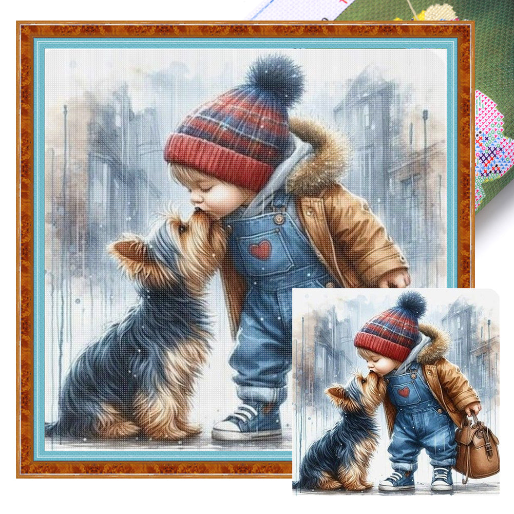 Boy And Puppy - 11CT Stamped Cross Stitch 40*40CM