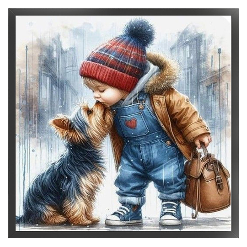 Boy And Puppy - 11CT Stamped Cross Stitch 40*40CM