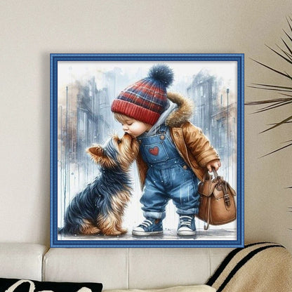 Boy And Puppy - 11CT Stamped Cross Stitch 40*40CM