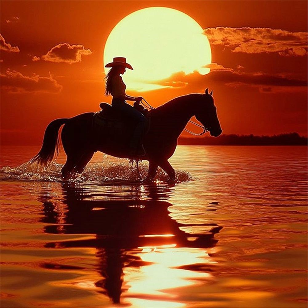 Girl Riding At Sunset - 11CT Stamped Cross Stitch 40*40CM