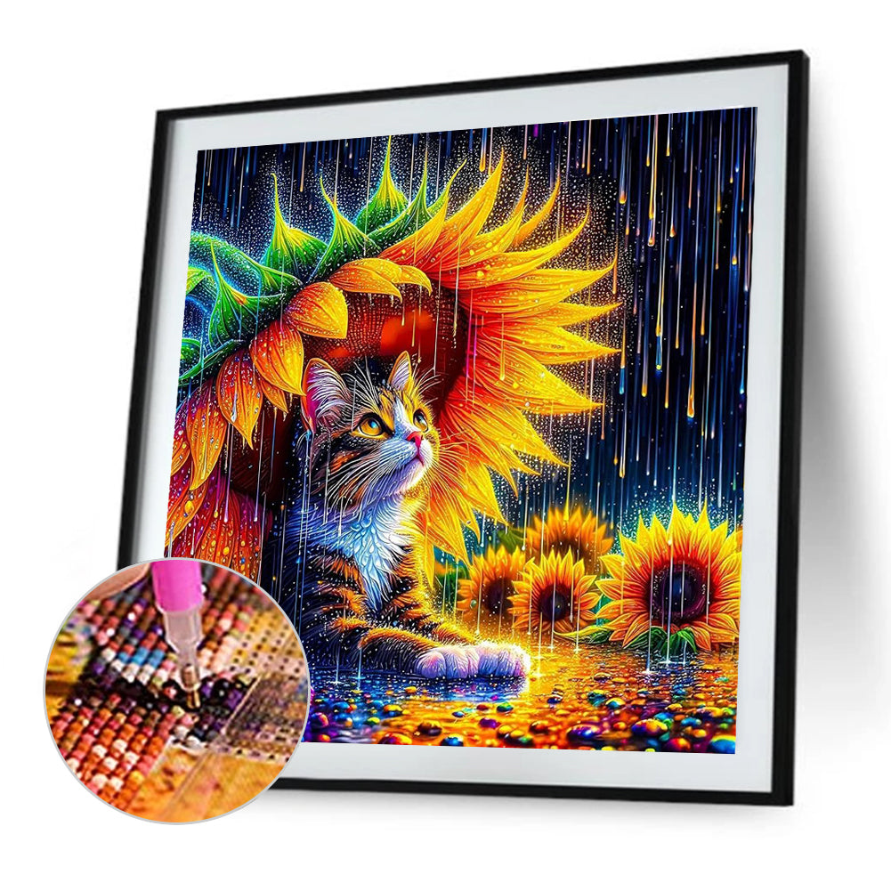 Cat And Sunflowers - Full Round Drill Diamond Painting 40*40CM