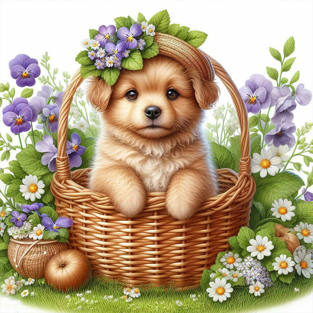 Dog And Flowers - Full Round Drill Diamond Painting 40*40CM
