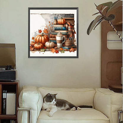 Autumn Maple Leaf Book And Hot Cocoa - Full Square Drill Diamond Painting 30*30CM
