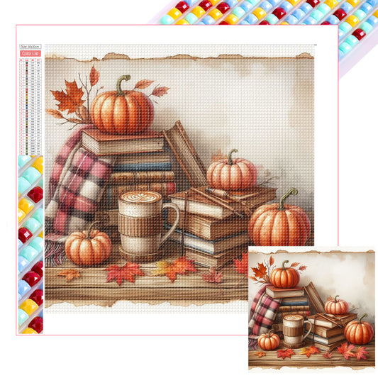 Autumn Maple Leaf Book With Hot Cocoa - Full Square Drill Diamond Painting 30*30CM