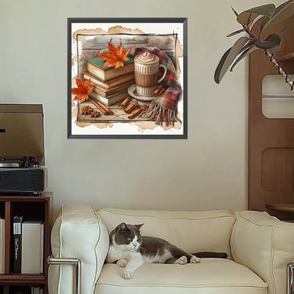 Autumn Maple Leaf Book With Hot Cocoa - Full Square Drill Diamond Painting 30*30CM