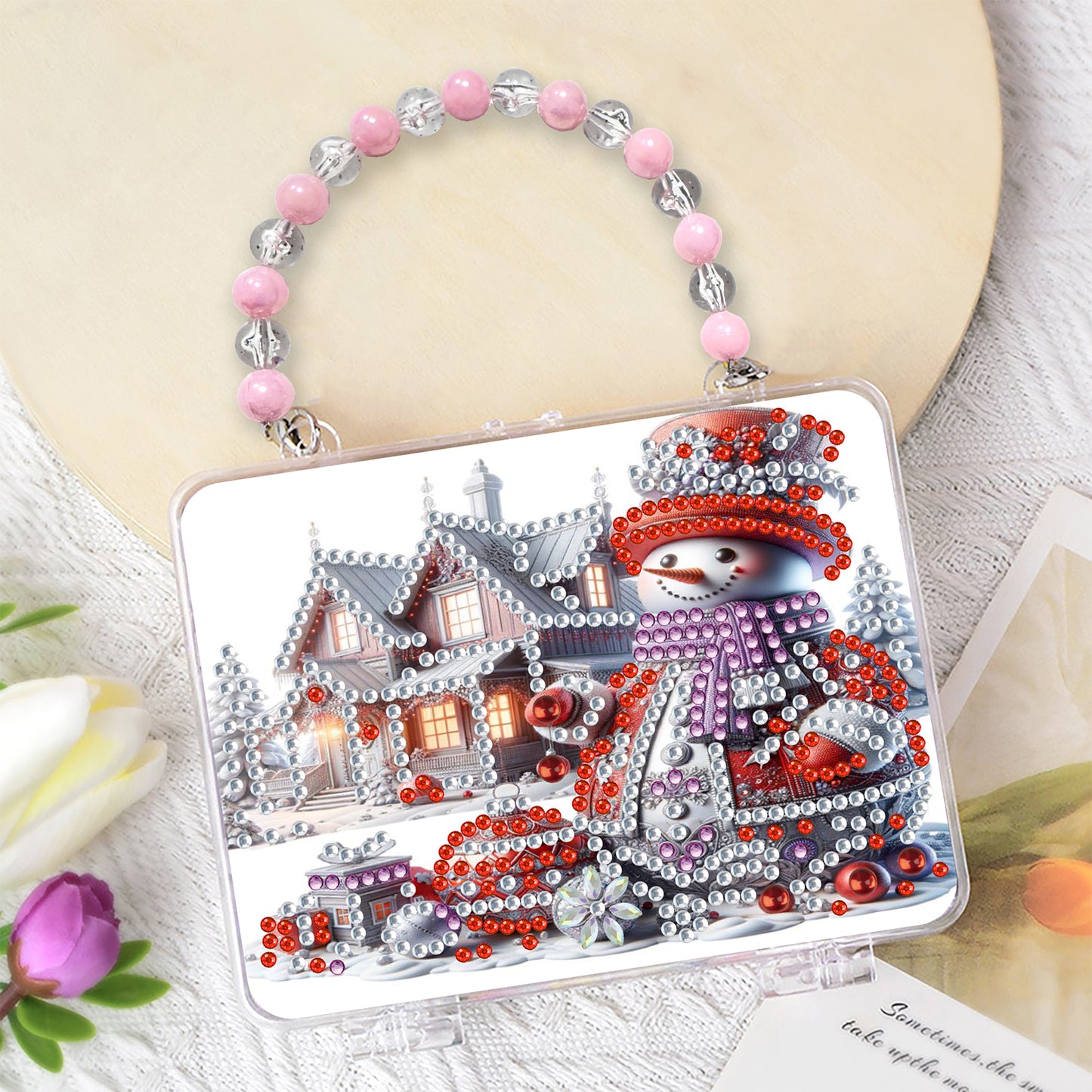 DIY Diamond Painting Bead Storage Handbag Rhinestones Jewelry Case (Snowman)