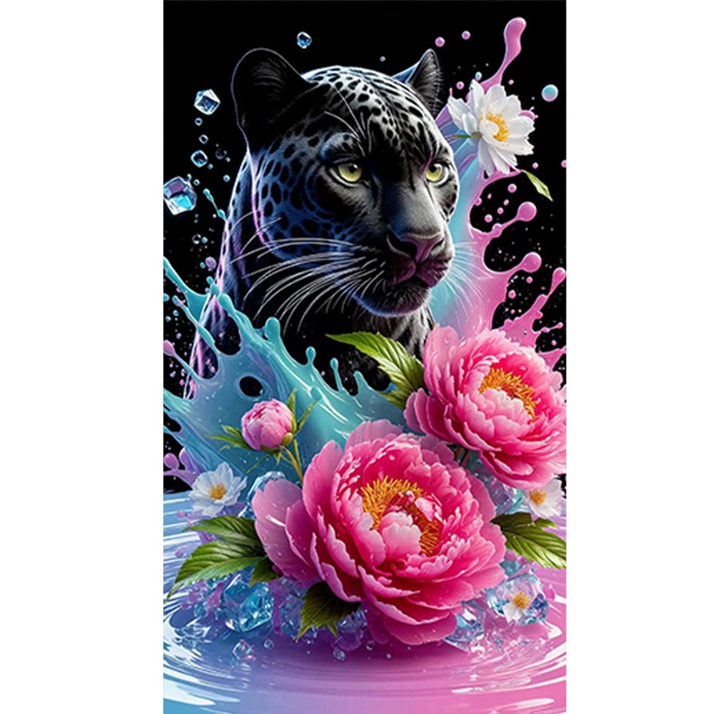 Black Panther And Flowers - Full Round Drill Diamond Painting 40*70CM