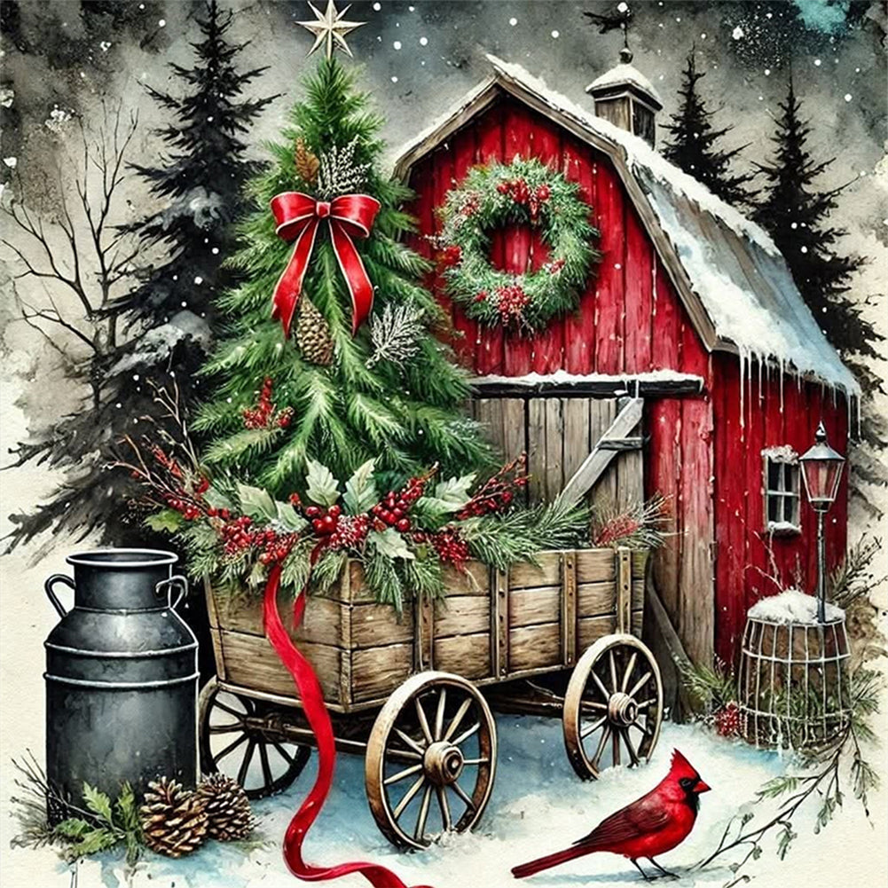 Christmas Tree And Cottage - 11CT Stamped Cross Stitch 45*45CM