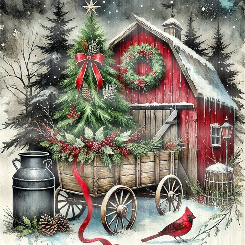 Christmas Tree And Cottage - 11CT Stamped Cross Stitch 45*45CM