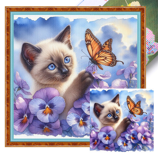 Pansy Siamese Cat - 11CT Stamped Cross Stitch 40*40CM