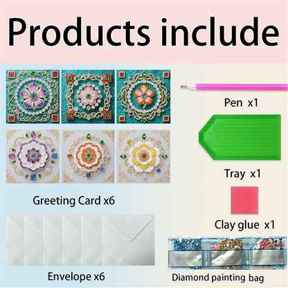 6pcs DIY Floral Pattern Diamond Art Greeting Cards for Festivals and Celebration