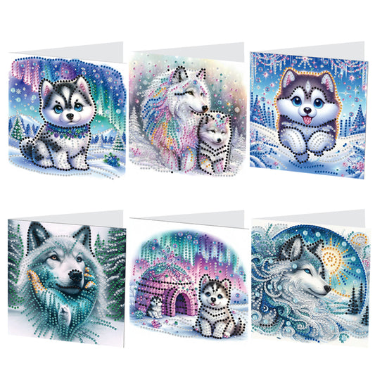 6pcs DIY Wolf Diamond Art Greeting Cards for Holiday Blessings Gifts Cards