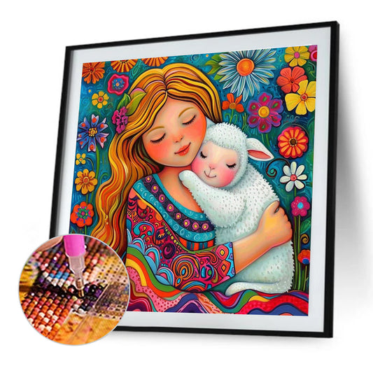 Girl And Sheep - Full Round Drill Diamond Painting 40*40CM
