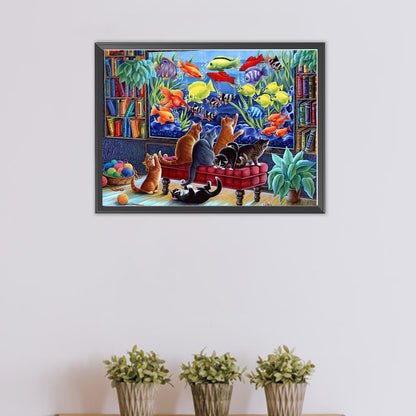 Kitten Fish Tank - Partial AB Full Round Drill Diamond Painting 55*40CM
