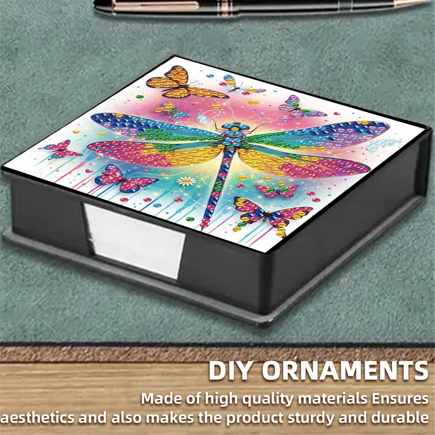 5D Dragonfly DIY PU Diamond Painting Notecard Box with 160 Sheets Paper Holder