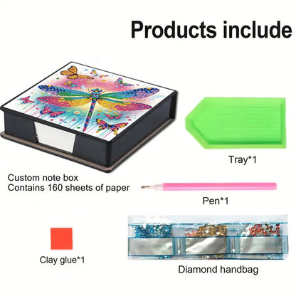 5D Dragonfly DIY PU Diamond Painting Notecard Box with 160 Sheets Paper Holder