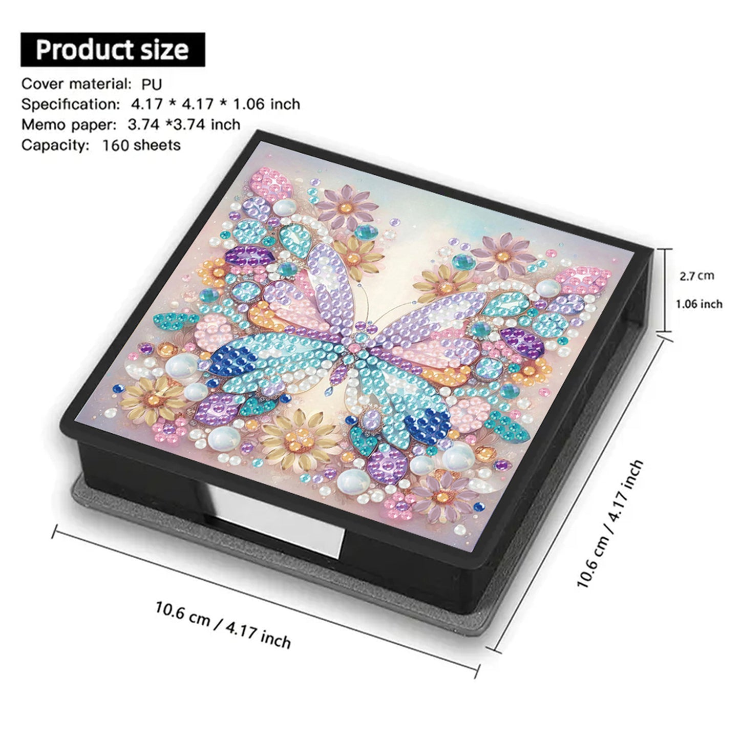 5D Butterfly DIY PU Diamond Painting Notecard Box with 160 Sheets Paper Holder